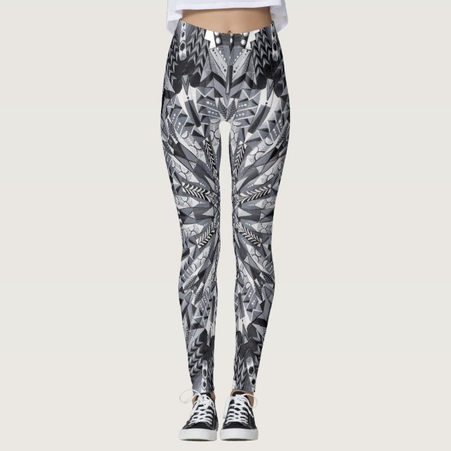 Black, White, and Gray Snowflake Mandala Leggings (Front)