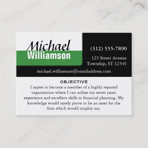 Black White and Green Corner RESUME Cards