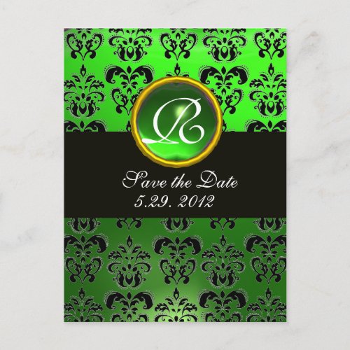 BLACK  WHITE AND GREEN  DAMASK EMERALD Monogram Announcement Postcard