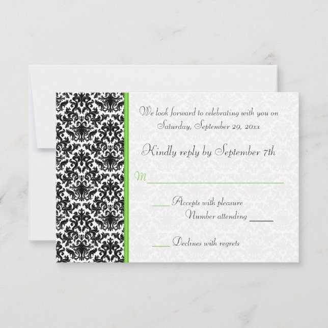 Black, White, and Green Damask RSVP Card (Front)