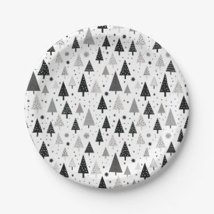 Black, White and Grey Christmas Tree Pattern Paper Plates