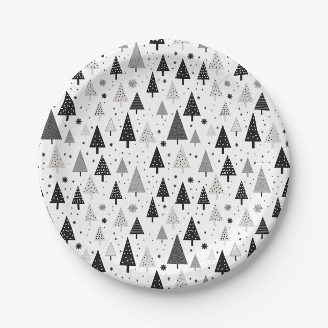 Black, White and Grey Christmas Tree Pattern Paper Plates (Front)