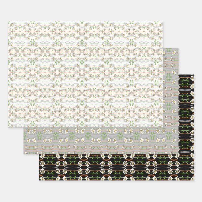 Black White And Grey Daisy Floral Patterned Wrapping Paper Sheets (Set)