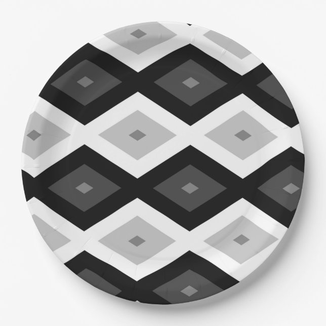 Black, white and grey diamond pattern paper plates (Front)