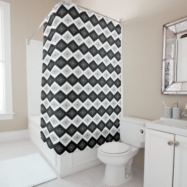 Black, white and grey diamond pattern shower curtain (In Situ)
