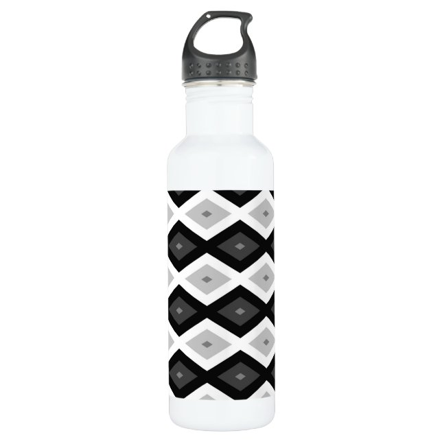Black, white and grey diamond pattern stainless steel water bottle (Front)