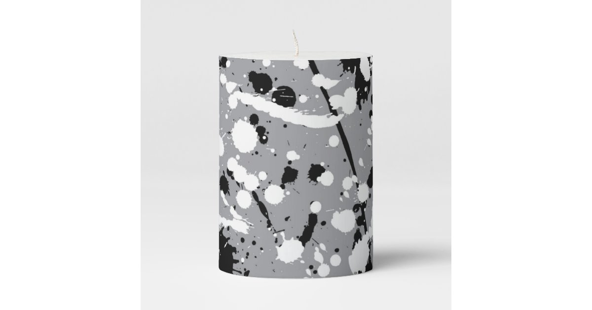 Black White and Grey Ink Splatter Pillar Candle | Zazzle