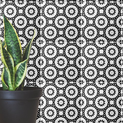 Black White and Grey Mosaic Boho Geometric Pattern Ceramic Tile