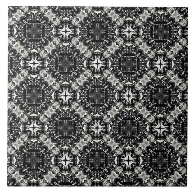 Black, White, and Grey Ruffled Mandalas Pattern Ceramic Tile (Front)