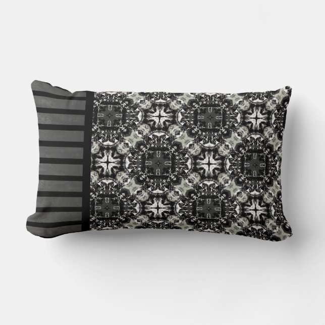 Black, White, and Grey Ruffled Mandalas Pattern Lumbar Pillow (Front)
