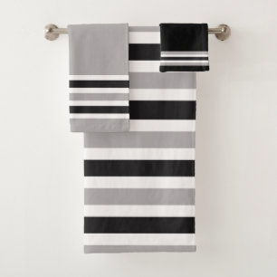 Black, White and Grey Striped Alternating Pattern Bath Towel Set