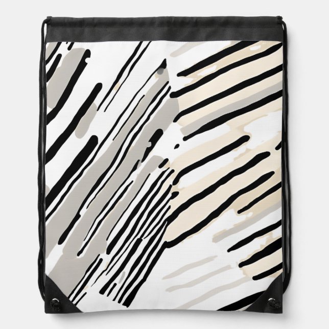 Black, white and Grey stripes geometric pattern Drawstring Bag (Front)