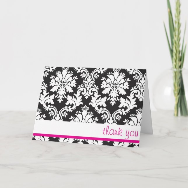 black white and hot pink damask thank you card (Front)