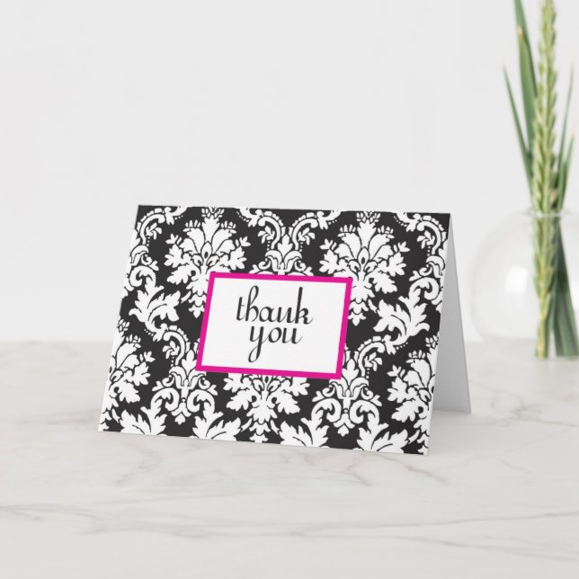 black white and hot pink damask thank you card 2 (Front)