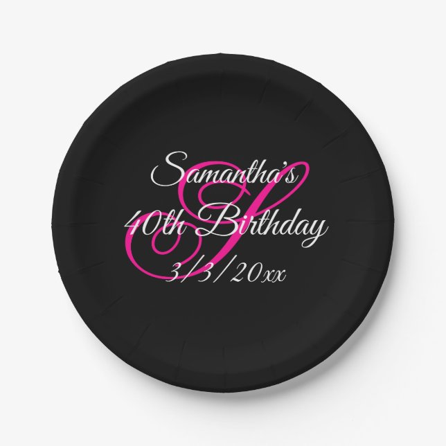 Black White and Hot Pink Fancy Monogram Birthday Paper Plates (Front)
