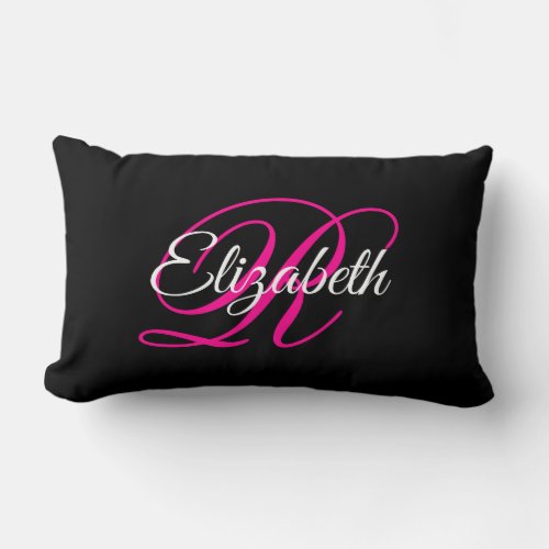 Black White and Hot Pink Fancy Monogram Photo Lumbar Pillow