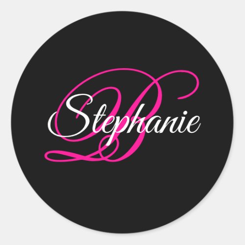 Black White and Hot Pink Fancy Script Monogram Classic Round Sticker