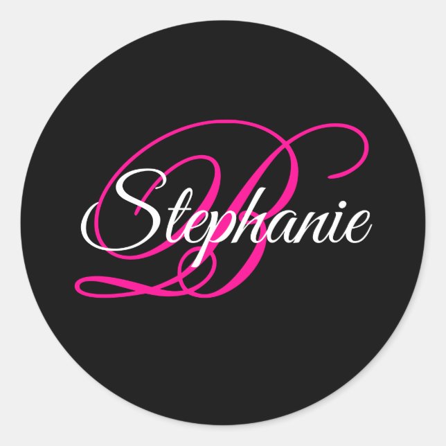 Black White and Hot Pink Fancy Script Monogram Classic Round Sticker (Front)