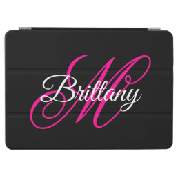 Black White and Hot Pink Fancy Script Monogram iPad Air Cover