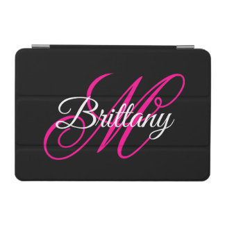 Black White and Hot Pink Fancy Script Monogram iPad Mini Cover