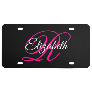 Black White and Hot Pink Fancy Script Monogram License Plate