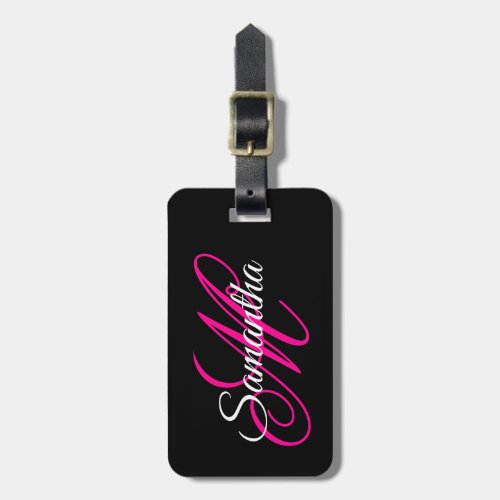 Black White and Hot Pink Fancy Script Monogram Luggage Tag