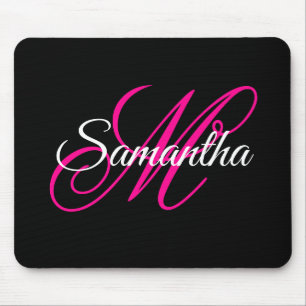 Black White and Hot Pink Fancy Script Monogram Mouse Pad