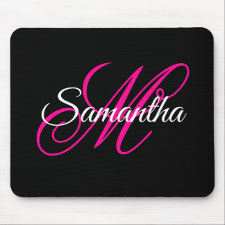 Black White and Hot Pink Fancy Script Monogram Mouse Pad