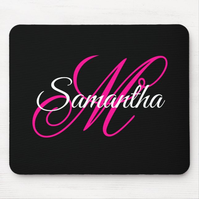 Black White and Hot Pink Fancy Script Monogram Mouse Pad (Front)