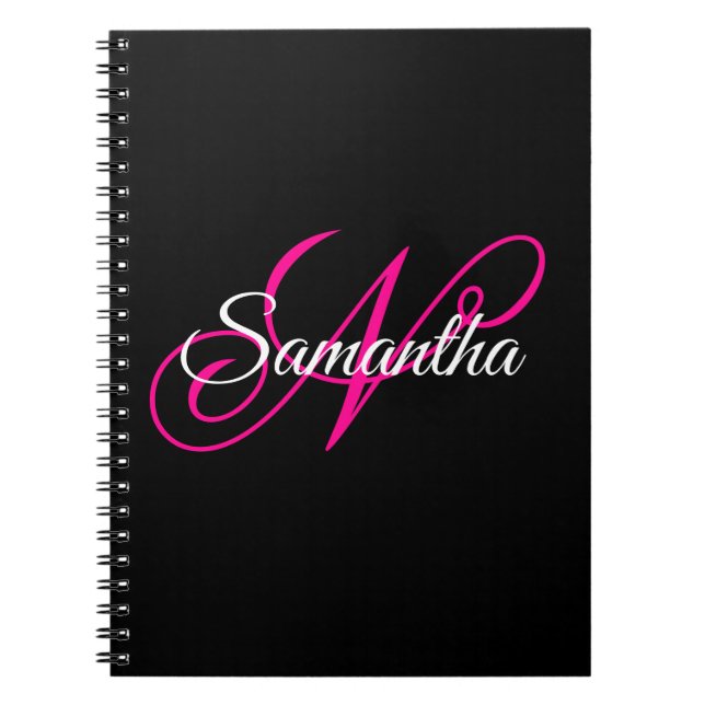 Black White and Hot Pink Fancy Script Monogram Notebook (Front)