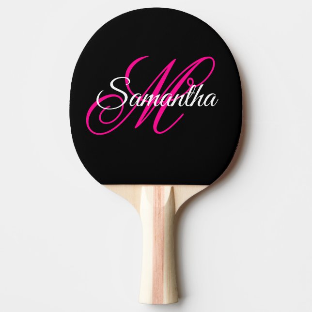 Black White and Hot Pink Fancy Script Monogram Ping Pong Paddle (Front)