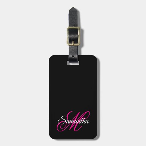 Black White and Hot Pink Fancy Script Monogrammed Luggage Tag