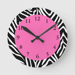 Black, White and Hot Pink Zebra Print Round Clock