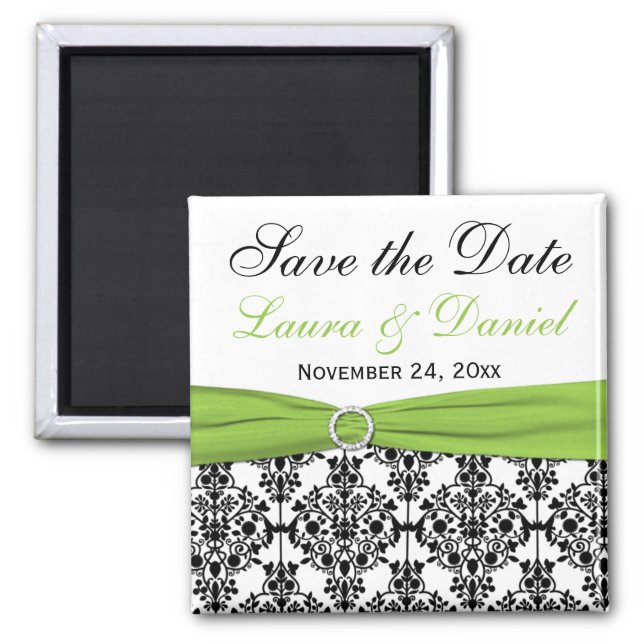 Black, White, and Lime Damask Save the Date Magnet (Front)
