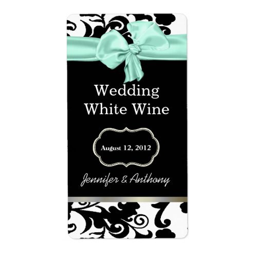 Black White and Mint Damask Wedding Wine Labels