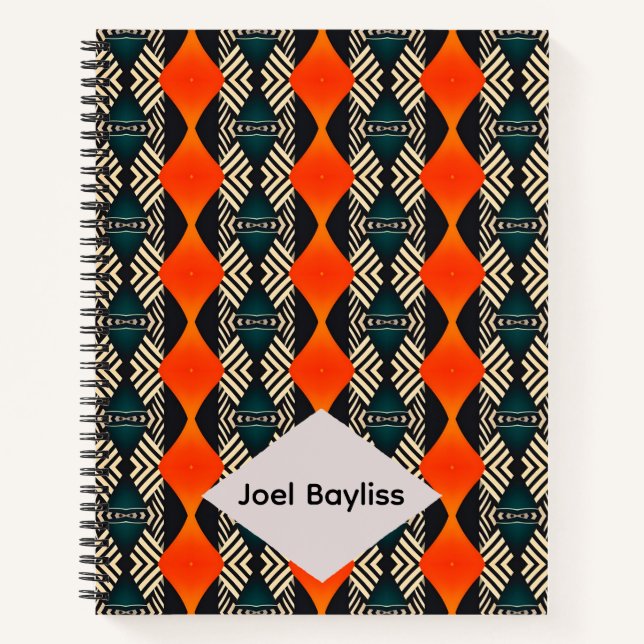 Black White and Orange Ethnic Geometric Pattern Notebook (Front)