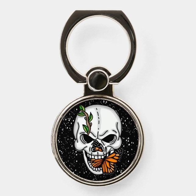 Black white and orange Skull and Monarch Butterfly Phone Ring Stand (Front)