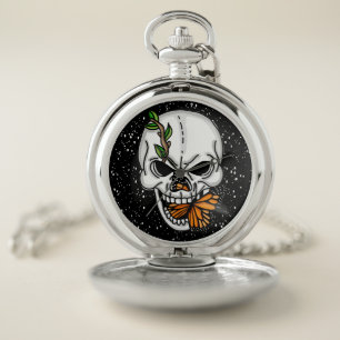 Black white and orange Skull and Monarch Butterfly Pocket Watch