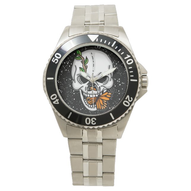 Black white and orange Skull and Monarch Butterfly Watch (Front)