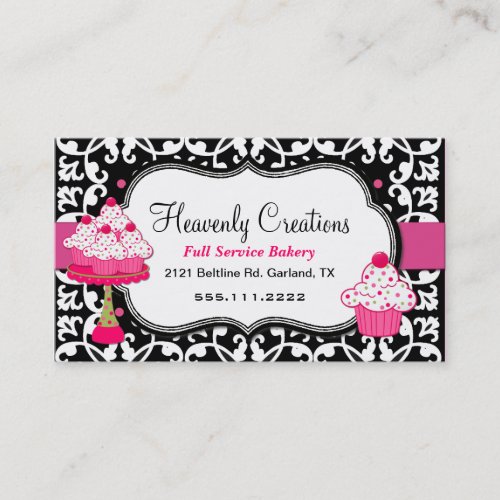 Black, White, and Pink Damask Bakery Business Card