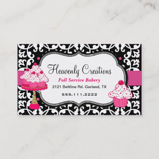 Customizable Black, White, and Pink Damask Bakery Business Card