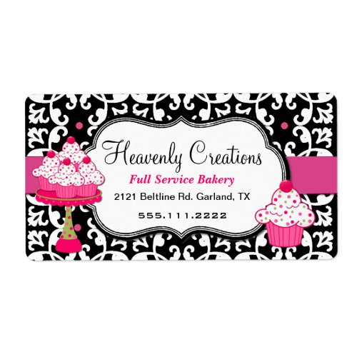 Black White and Pink Damask Bakery Label