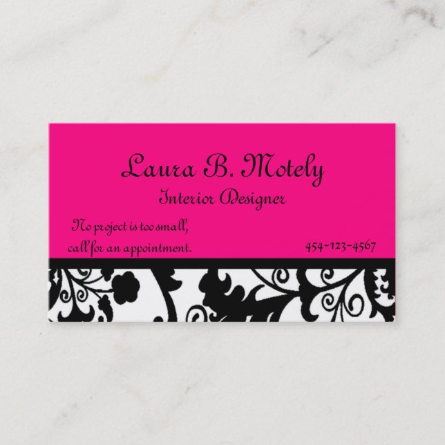 Black, White, and Pink Damask Business Card (Front)
