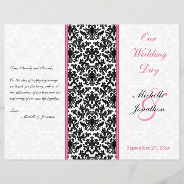 Black, White, and Pink Damask Wedding Program (Front)