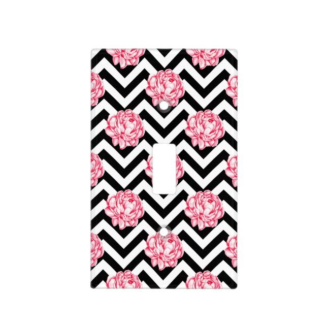 Black white and pink floral light switch cover (Front)