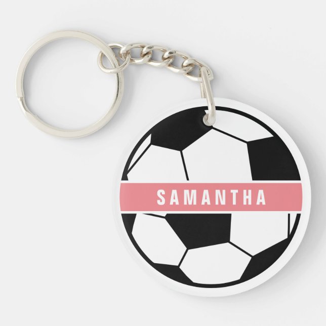 Black White and Pink Modern Sporty Soccer Monogram Keychain (Front)