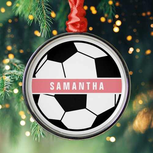 Black White and Pink Modern Sporty Soccer Monogram Metal Ornament