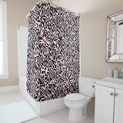 Black White and Pink Pixelated Abstract Shower Curtain