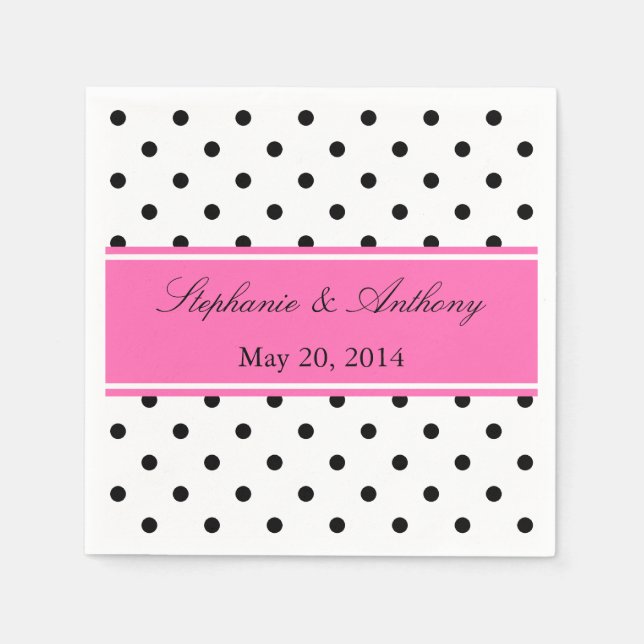 Black, White and Pink Polka Dot Wedding Paper Napkins (Front)