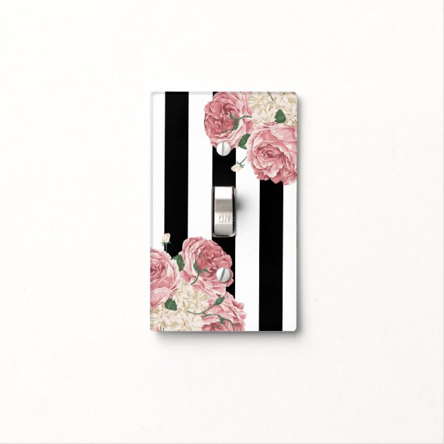 Black, White and Pink Roses Light Switch Cover (In Situ)